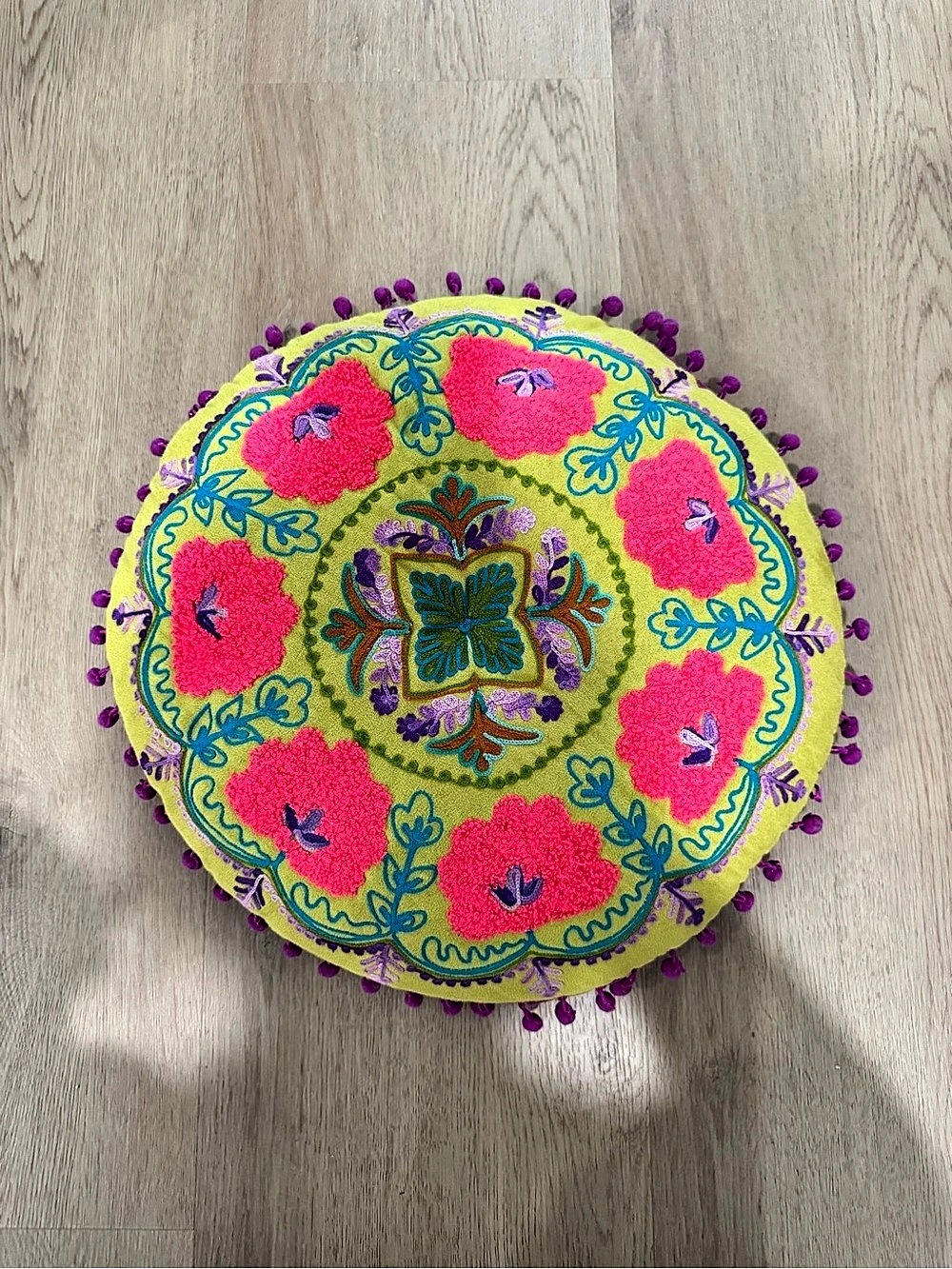 KARMA LIVING Round Embroidered Statement Pillow with Pom Trim